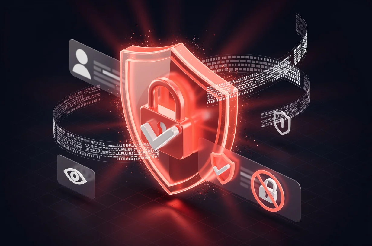 Crimson security shield with lock icon protecting a Twitch channel profile from unauthorized access