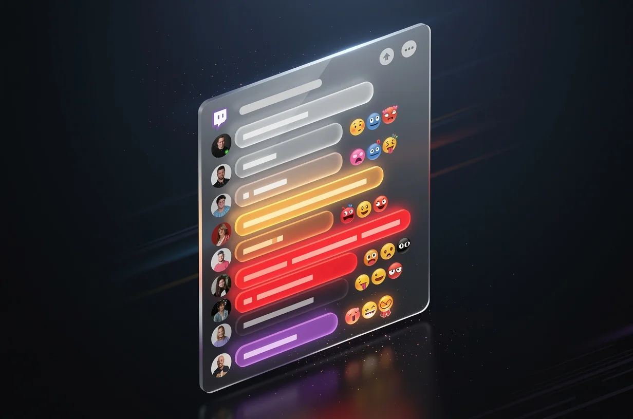 Active Twitch chat window with colorful message bubbles, avatars, and emote reactions flowing in a glass morphism panel
