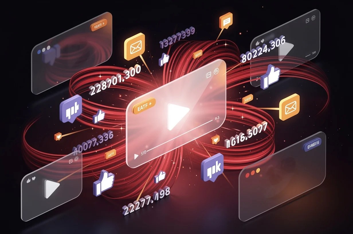 Twitch clip going viral with play button surrounded by share icons, likes, and view counts radiating outward