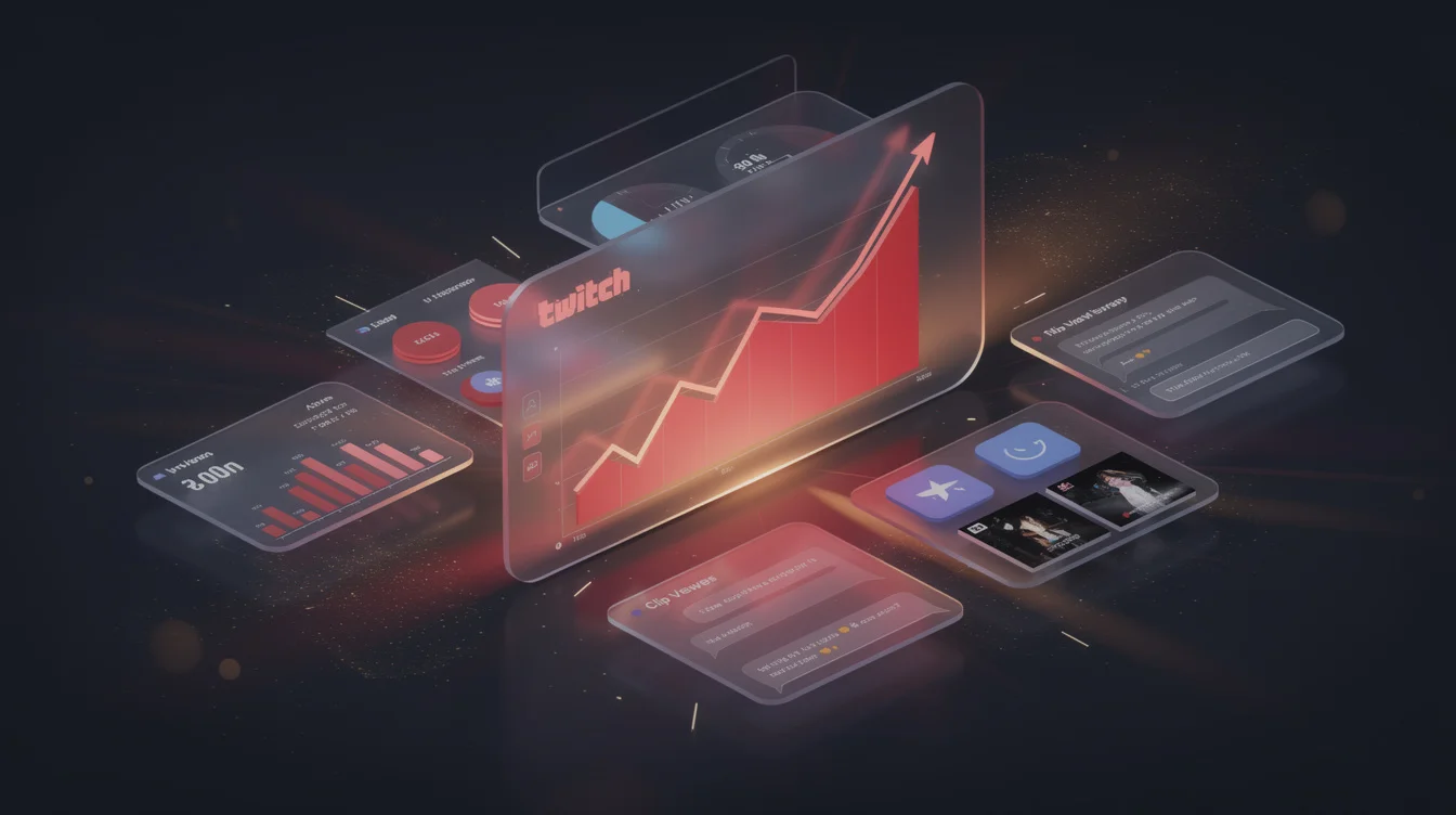 Futuristic Twitch streaming dashboard with growth analytics, viewer stats, and clip views floating in dark space